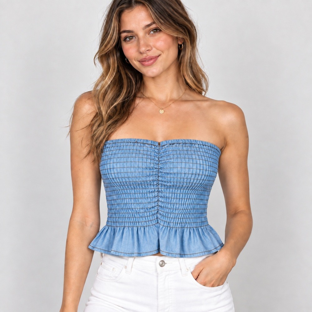 Cider Light Wash Blue‎ Smocked Tube Top Ruffle Peplum Y2K Coquette Large